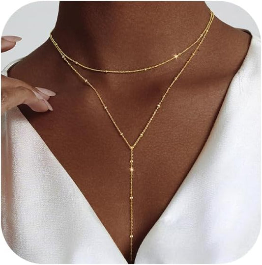 Lariat Gold Necklace for Women: Dainty 14K Gold Plated/Silver Y-Shaped Beaded Drop Chain, Trendy Gift