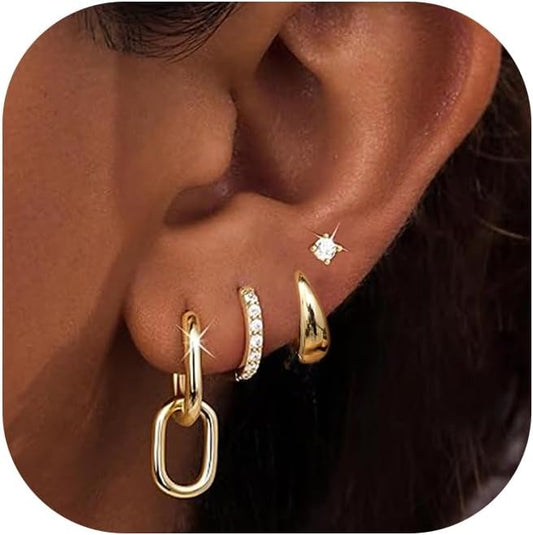 Small Gold Hoop Earrings Set for Women, 14K Gold Plated Lightweight Earrings Sets for Multiple Piercing
