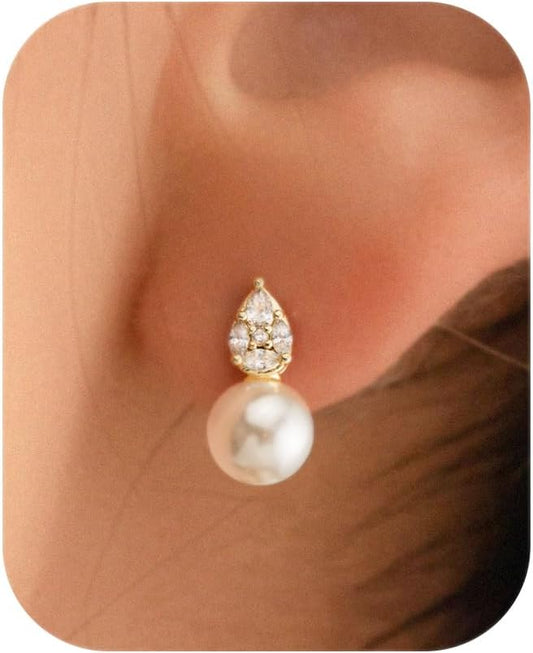 Pearl Earrings: 14k Gold-plated Cubic Zirconia Accented Pearl Drop Dangle Wedding Engagement Earrings For Women Bridal Bridesmaid