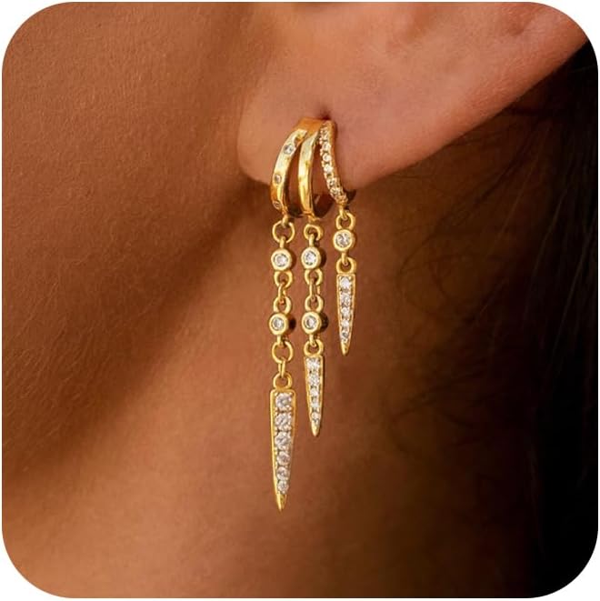 Dangle Earrings for Women,14k Gold Plated Triple Huggie Stud Earrings Cute Statement Chain Earring Dainty Drop