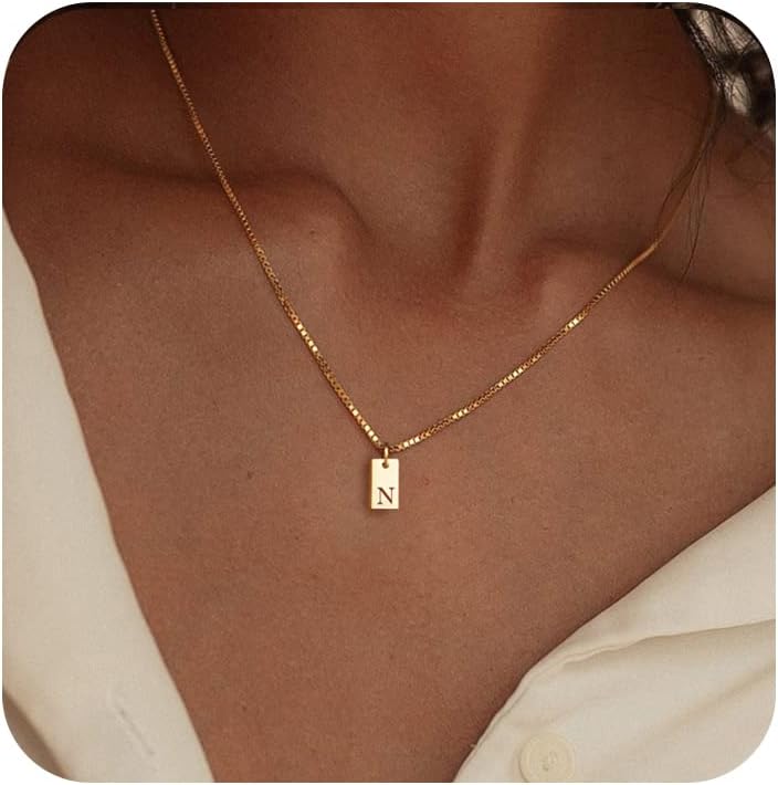 Personalized Initial Necklace: 14K Gold Plated Dainty Letter Name Pendant for Women, Custom Tag Jewelry