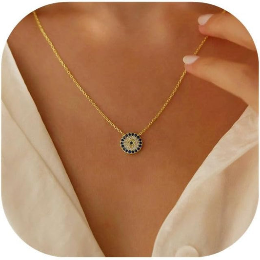 Evil Eye Necklace: 14K Gold Plated Blue CZ Diamond Boho Pendant for Women, Protection Gift