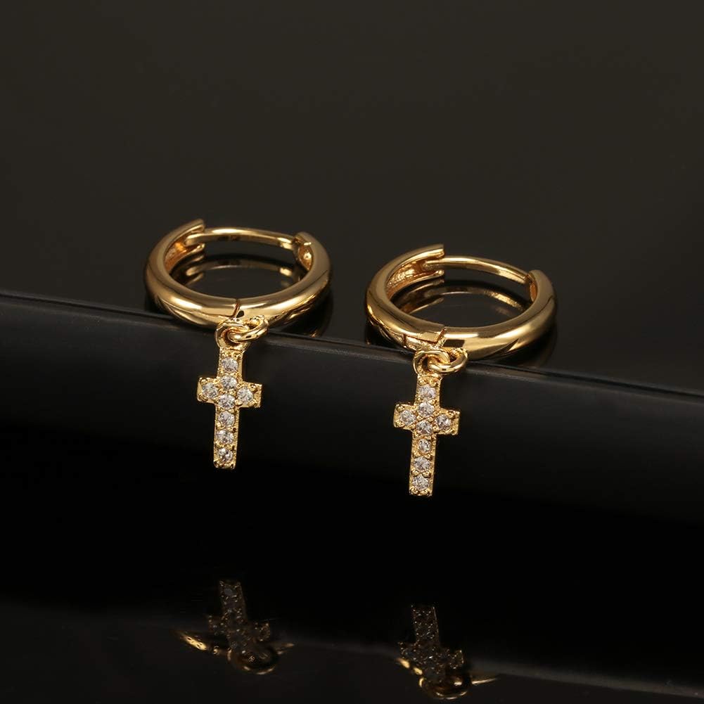 Gold Huggie Small Hoop Earrings with Charm Personalized /Star/Cross/Lock/Key 18k Gold Plated Crystal Drop Dangle Earrings for Women