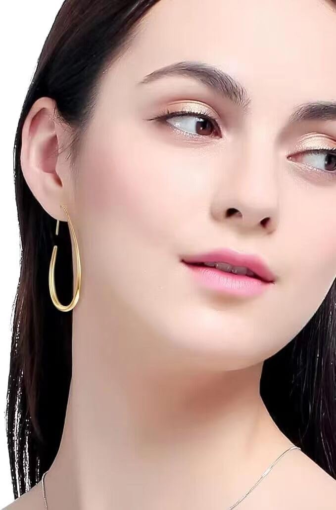 Lightweight Teardrop Hoop Earrings for Women - 14k Gold/White Gold Plated Large Oval Pull Through Hoop Earrings High