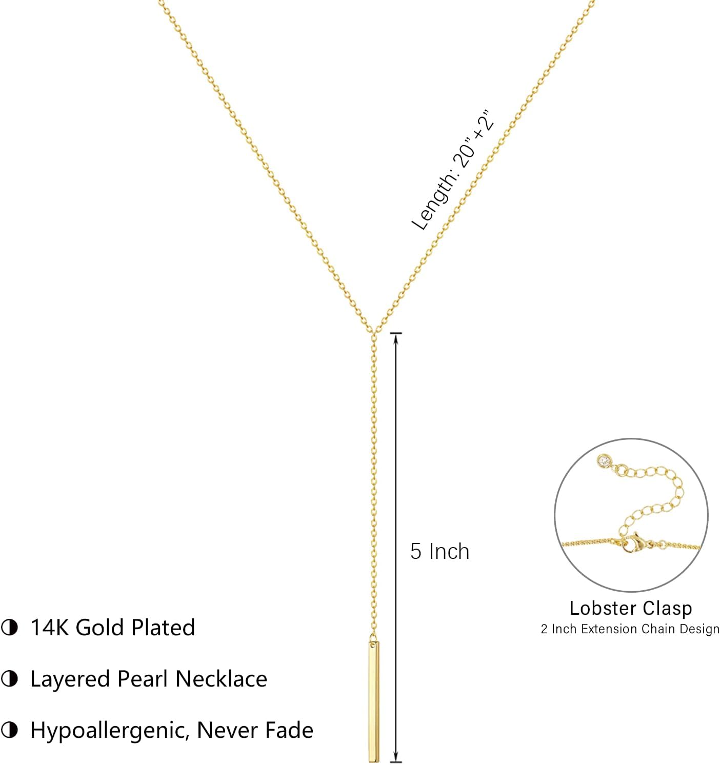 Lariat Gold Necklace for Women: Dainty 14K Gold Plated/Silver Y-Shaped Beaded Drop Chain, Trendy Gift