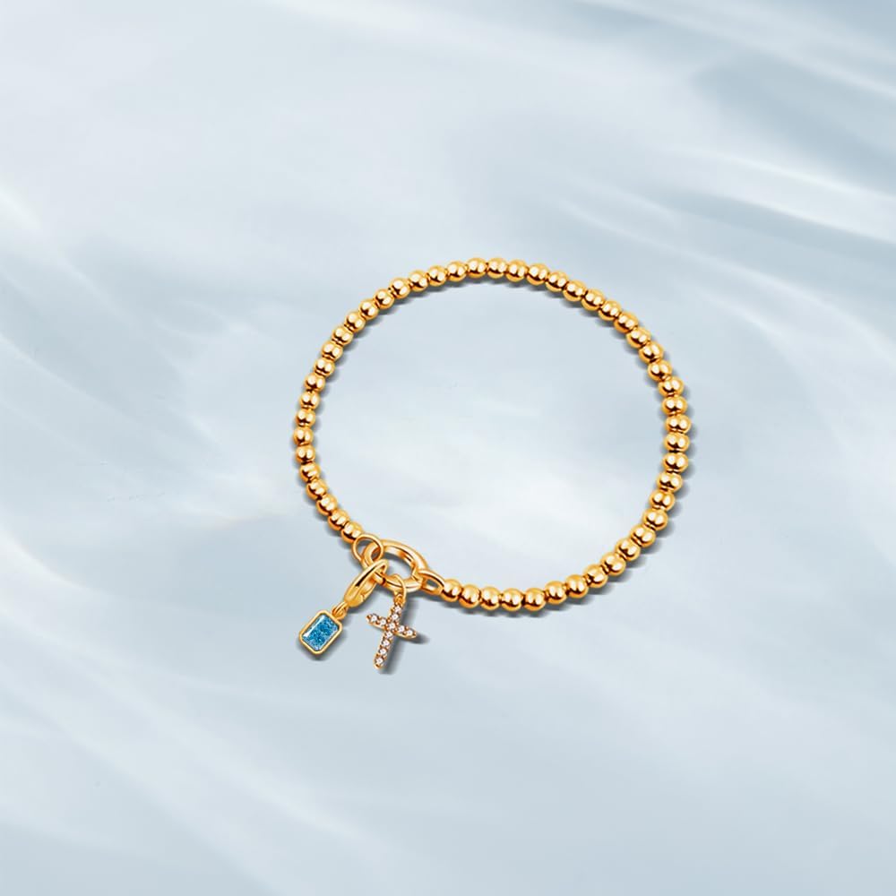 Free bird Cross Birthstone Bracelet | Dainty 14K Gold Plated Cross Charm Bracelet | Stretchable Elastic Gold Beaded Bracelet