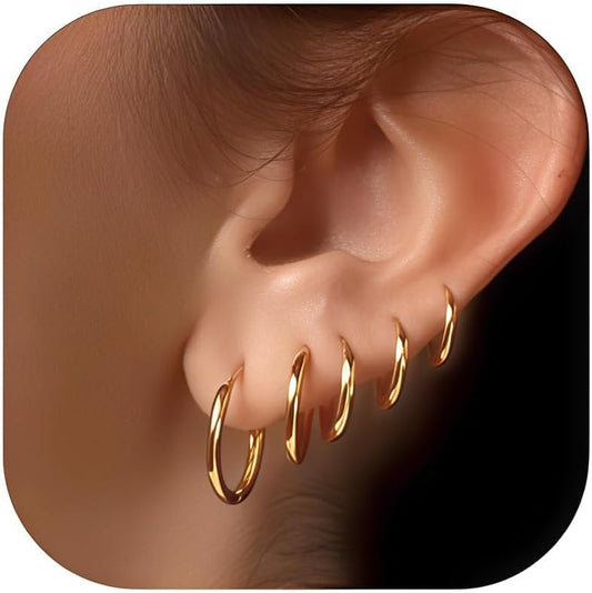 5 Pairs 14K Gold Plated Huggie Hoop Earrings for Women - Lightweight Minimalist Small Hoops,  Sensitive Ears, Multiple Piercing Stack Set