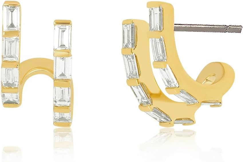 14K Gold Plated Triple Huggie Illusion Stud Earrings | Double Huggie Hoop Earrings for One Hole | Gold Hoop Earrings for Women