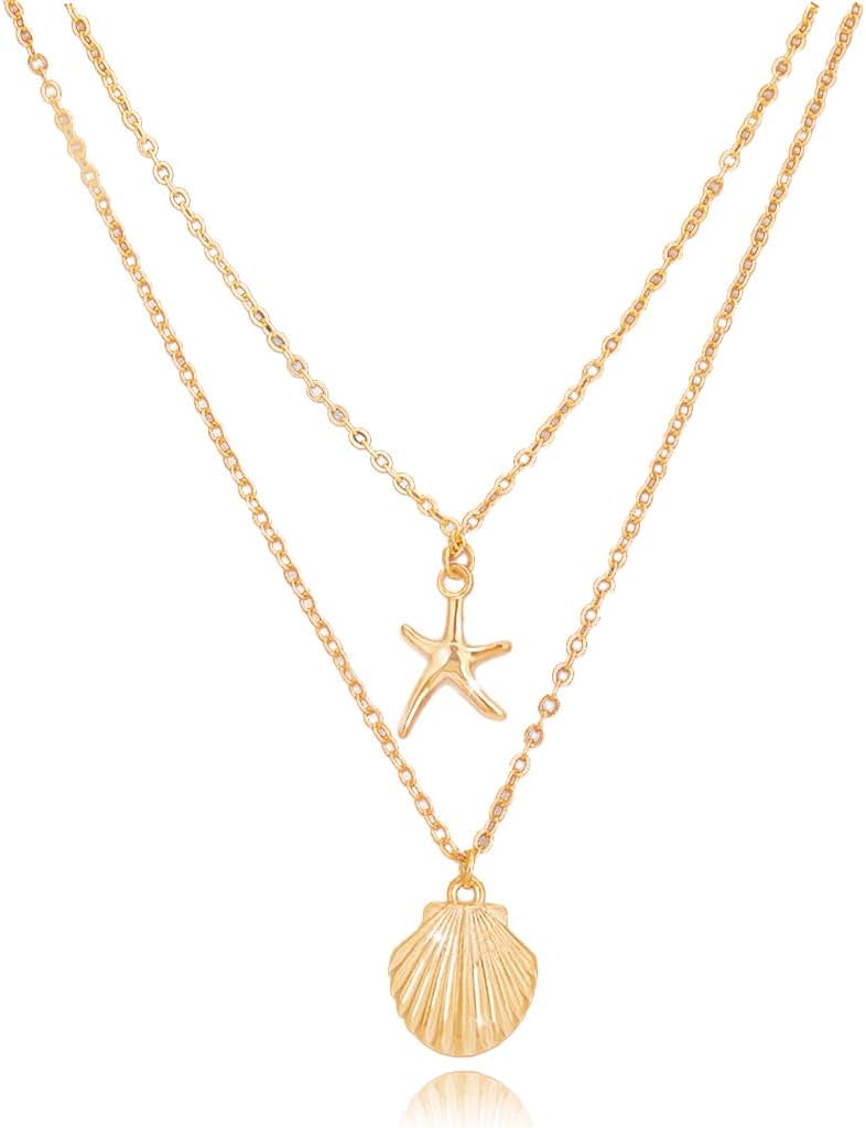 Boho Starfish & Seashell Necklace for Women - Adjustable Layered Beach Chain