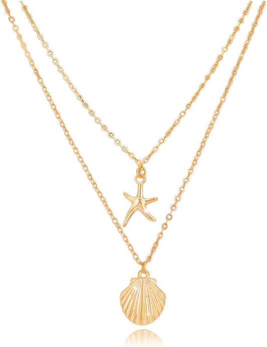 Boho Starfish & Seashell Necklace for Women - Adjustable Layered Beach Chain