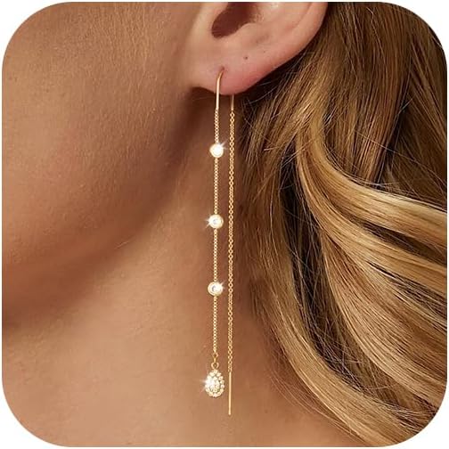 Dangle Threader Earrings for Women: Dainty 14k Gold Plated Drop Long Chain Earrings Trendy  Non Tarnish Elegant Cubic