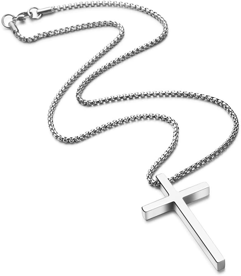 Cross Necklace For Men, Silver Black Gold Plain Cross Pendant With Adjustable Box Chain 16-30 Inch