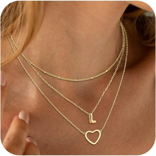 14K Gold Plated Initial Necklace, Layered Heart A-Z Charm Pendant, Personalized Jewelry Gift for Women