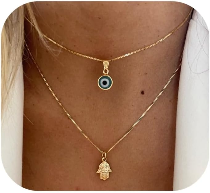 Evil Eye Necklace: 14K Gold Plated Blue CZ Diamond Boho Pendant for Women, Protection Gift