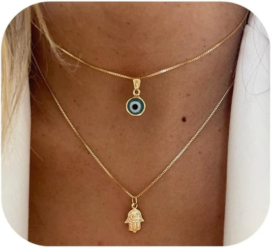 Evil Eye Necklace: 14K Gold Plated Blue CZ Diamond Boho Pendant for Women, Protection Gift