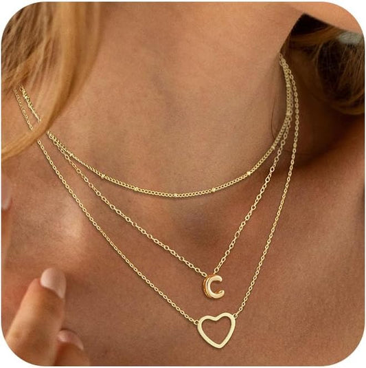 14K Gold Plated Initial Necklace, Layered Heart & A-Z Letter Personalized Gift for Women