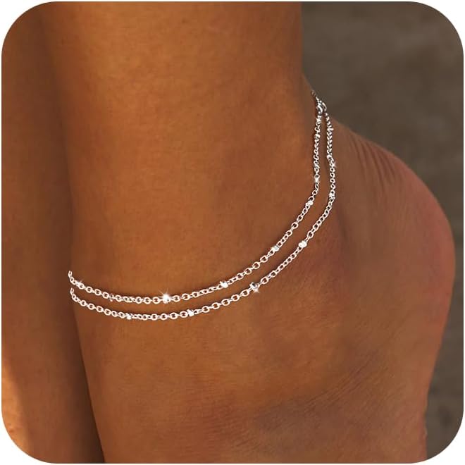 Ankle Bracelets for Women, Glitter Waterproof Adjustable Anklet for Women, 14K Gold Plated/Sterling Silver Layered Anklets, Summer Beach Anklet Jewelry for Women Gift