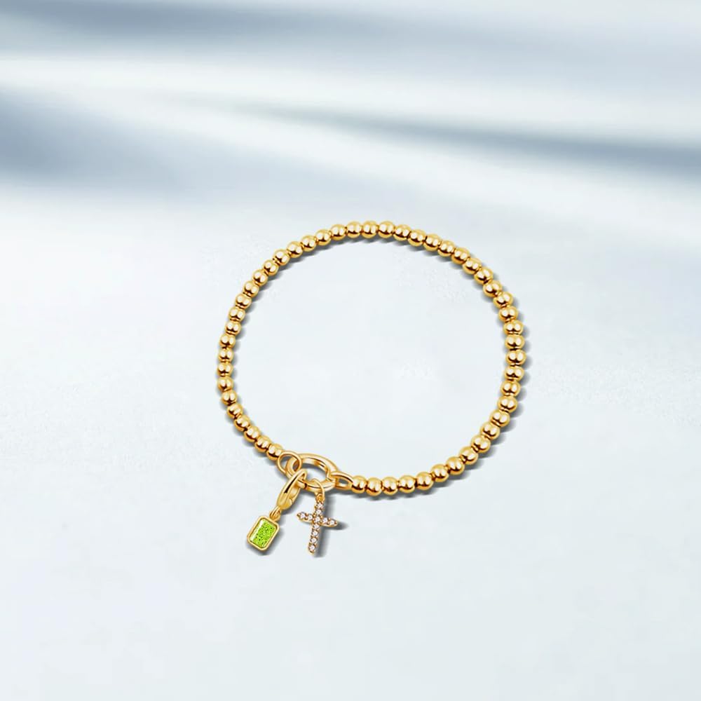 Free bird Cross Birthstone Bracelet | Dainty 14K Gold Plated Cross Charm Bracelet | Stretchable Elastic Gold Beaded Bracelet