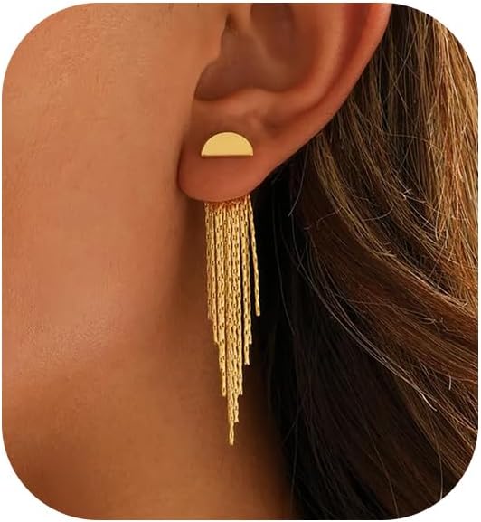 Gold Earrings for Women, 14K Gold Plated Tassel Dangle Earrings for Women Trendy Hypoallergenic Long Chain Earring