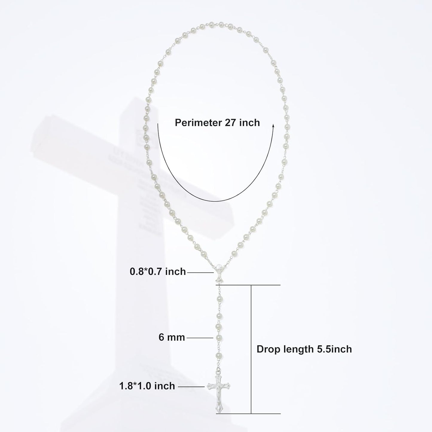 6mm Pearl Rosary Beads With Crucifix - Women's Catholic Prayer Necklace, Gift Box & Pouch Included