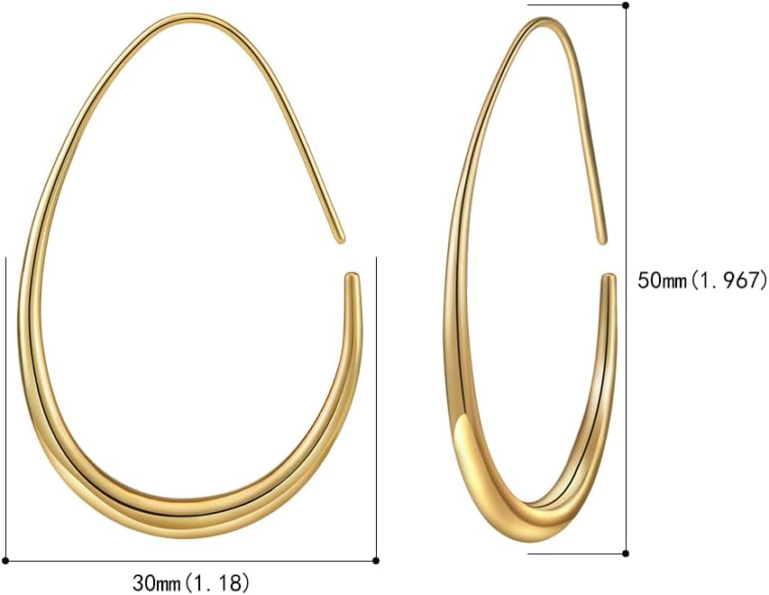 Lightweight Teardrop Hoop Earrings for Women - 14k Gold/White Gold Plated Large Oval Pull Through Hoop Earrings High