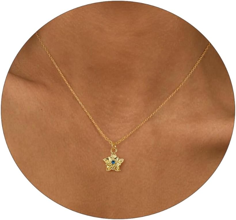Dainty Birth Flower Necklace with Emerald Birthstone, 14K Gold Plated Cubic Zirconia Pendant, Birthday Gift for Women