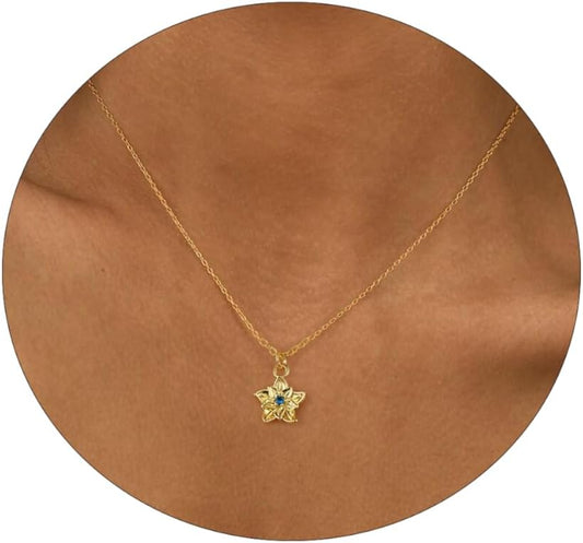 Dainty Birth Flower Necklace with Emerald Birthstone, 14K Gold Plated Cubic Zirconia Pendant, Birthday Gift for Women