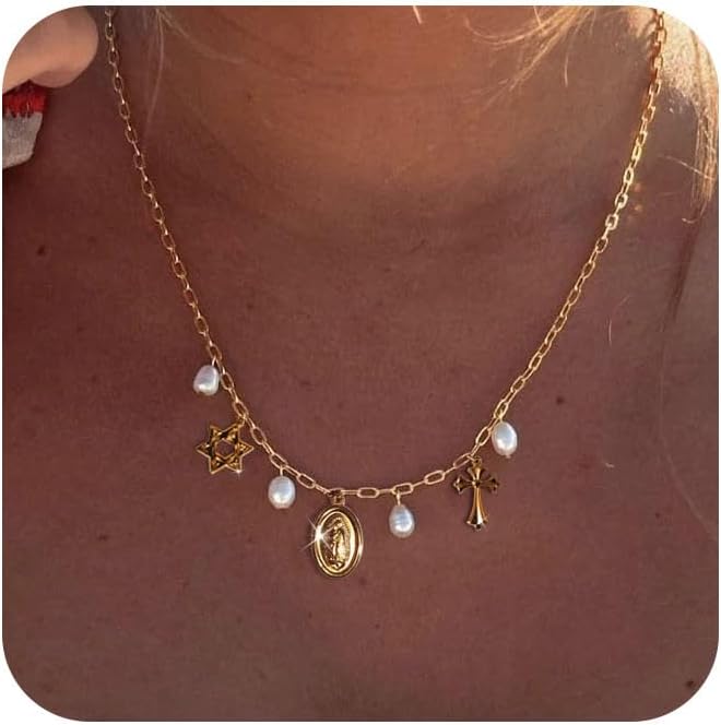 Dainty Gold Paperclip Charm Necklace With Shell, Moon, Star & Hexagram Pendant - Summer Beach Jewelry Gift For Women