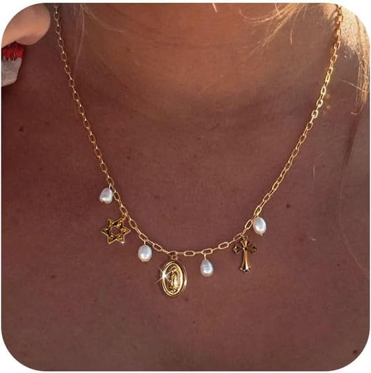Dainty Gold Paperclip Charm Necklace With Shell, Moon, Star & Hexagram Pendant - Summer Beach Jewelry Gift For Women