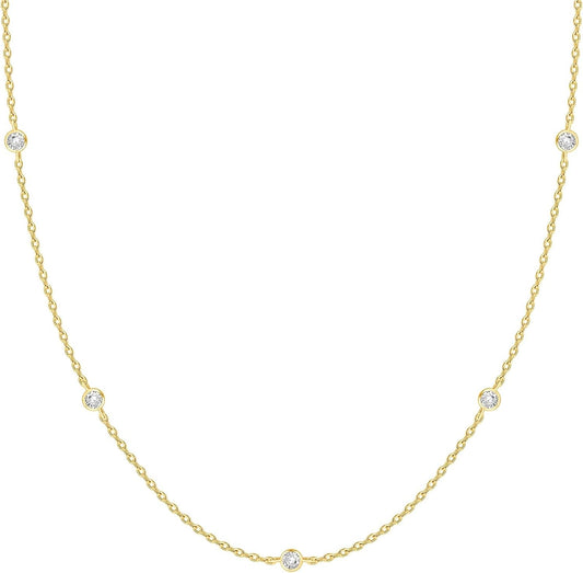 14K Gold Plated Station Necklace - Simulated Diamond BTY Layering Necklaces - Womens CZ Chain
