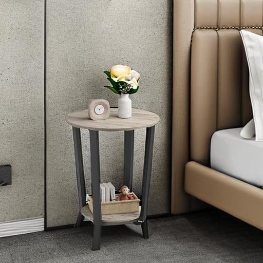 Round Side End Table, 2-Tier Accent Bedside Table with Storage Shelf, Easy Assembly