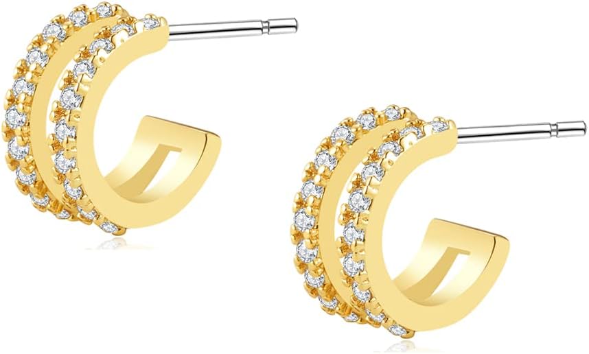 14K Gold Plated Triple Huggie Illusion Stud Earrings | Double Huggie Hoop Earrings for One Hole | Gold Hoop Earrings for Women