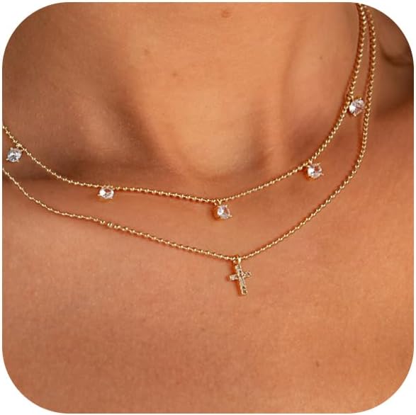 Dainty Cross Pendant Necklace, 14K Gold Silver Plated Small Religious Charm Choker, Baptism Easter Faith Jewelry Gift for Women