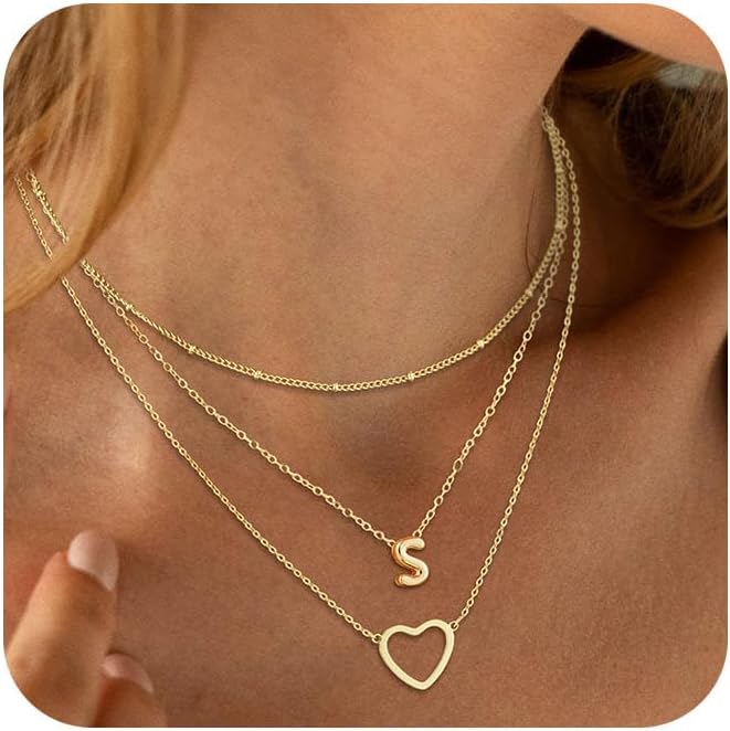 14K Gold Plated Initial Necklace, Layered Heart & A-Z Letter Personalized Gift for Women