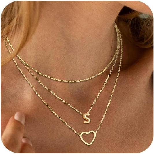 14K Gold Plated Initial Necklace, Layered Heart & A-Z Letter Personalized Gift for Women