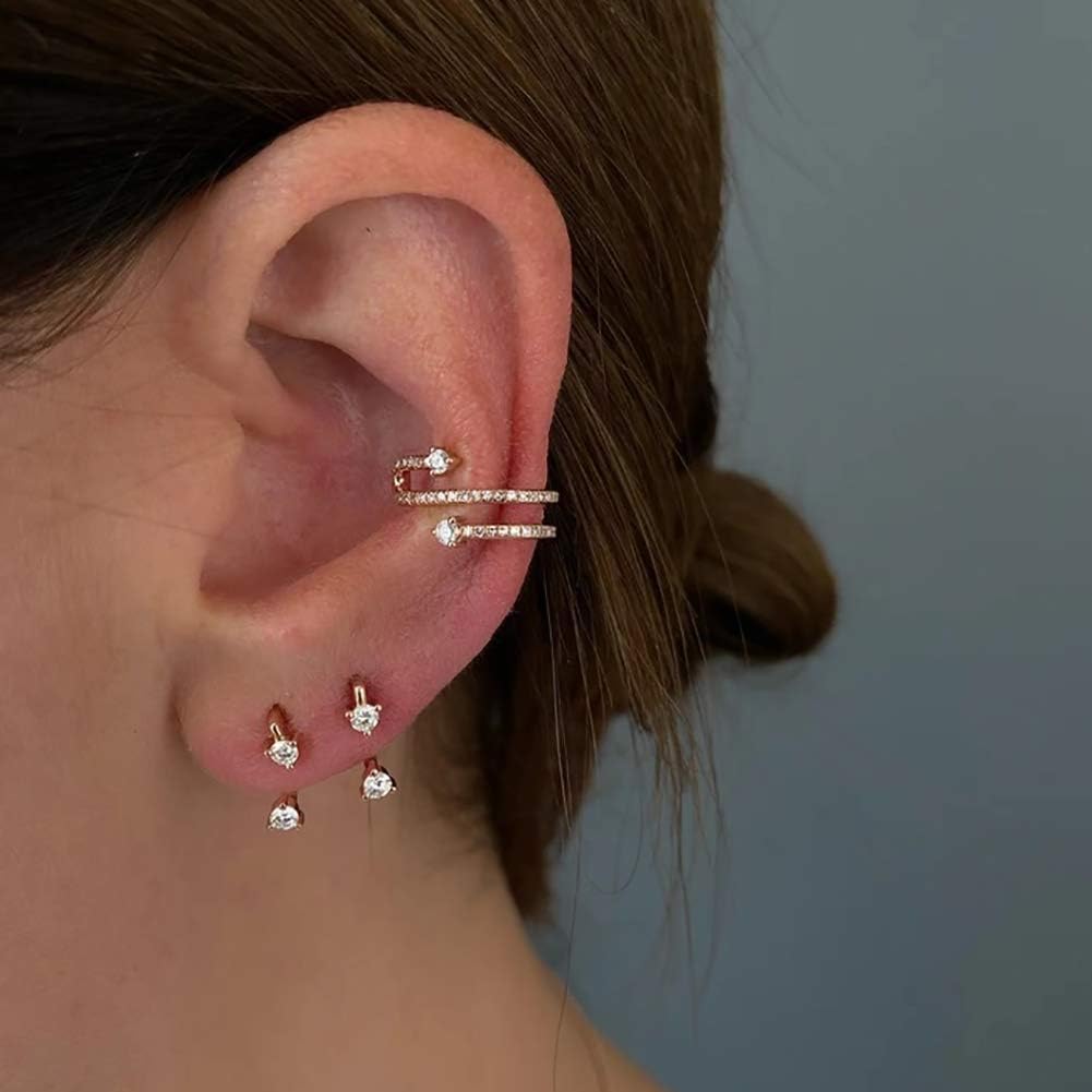 14K Gold Plated Triple Huggie Illusion Stud Earrings | Double Huggie Hoop Earrings for One Hole | Gold Hoop Earrings for Women
