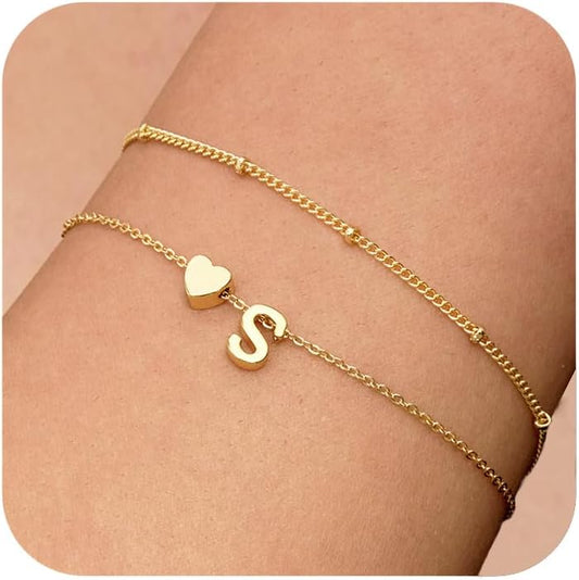 Dainty Initial Heart Gold Bracelets for Women Trendy, 14K Real Gold Letter Charm Bracelet Jewelry