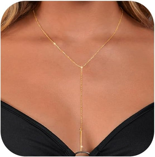 Lariat Gold Necklace for Women: Dainty 14K Gold Plated/Silver Y-Shaped Beaded Drop Chain, Trendy Gift