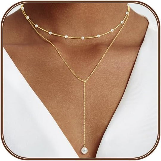 14K Gold-Plated Pearl Necklace Set: Dainty Layered Daisy Choker, Trendy Jewelry Gift for Women