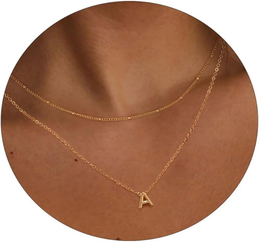 14K Gold Plated Initial Necklace, Layered A-Z Letter Pendant with Satellite Chain, Personalized Minimalist Jewelry Gift for Women