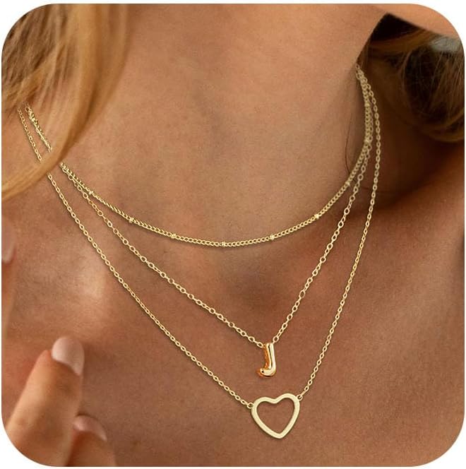 14K Gold Plated Initial Necklace, Layered Heart & A-Z Letter Personalized Gift for Women