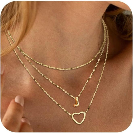 14K Gold Plated Initial Necklace, Layered Heart & A-Z Letter Personalized Gift for Women