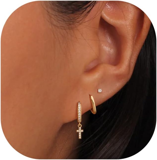 Freekiss 3 Pairs Gold Hoop Earrings Set: Dainty Stud Earrings Trendy Small 14K Gold Plated Hypoallergenic Dangle Cartilage