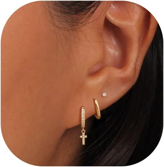 Freekiss 3 Pairs Gold Hoop Earrings Set: Dainty Stud Earrings Trendy Small 14K Gold Plated Hypoallergenic Dangle Cartilage