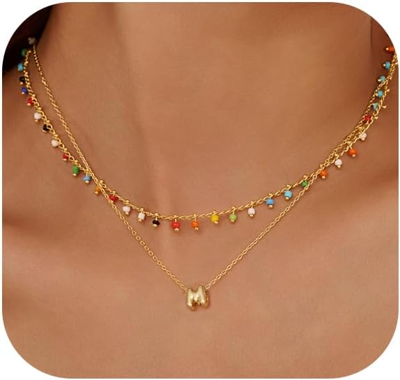 Colorful Bead Layered Initial Necklace for Women - Dainty Letter Choker, Personalized Beach Jewelry Gift