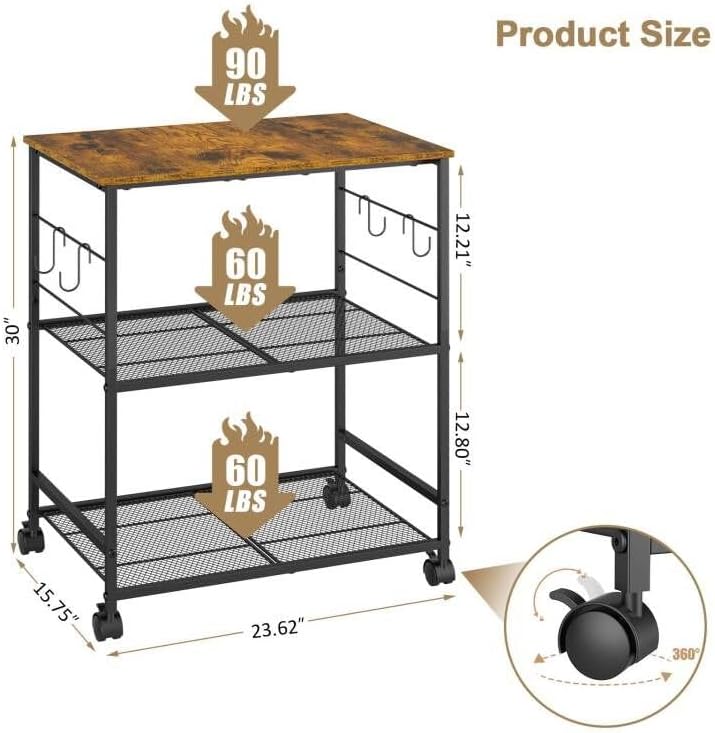 Rolling Kitchen Microwave Cart, 3 Tier Kitchen Utility Cart on Lockable Wheels