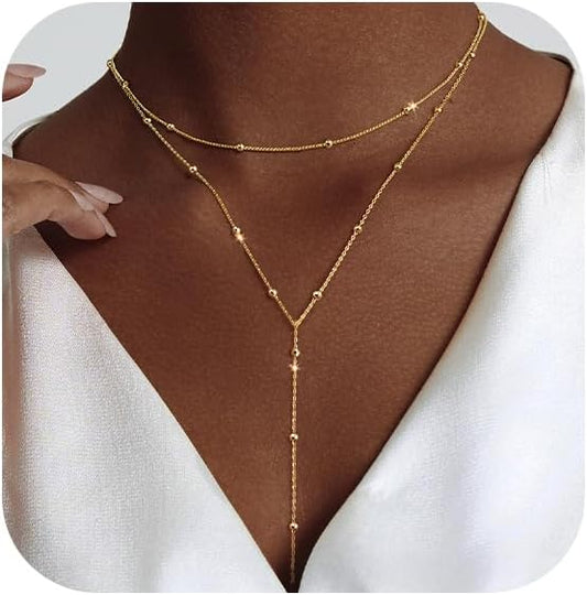 Adjustable Y-Lariat Necklace | 14K Gold/Silver Dainty Beaded Drop Chain - Boho Jewelry Gift for Her