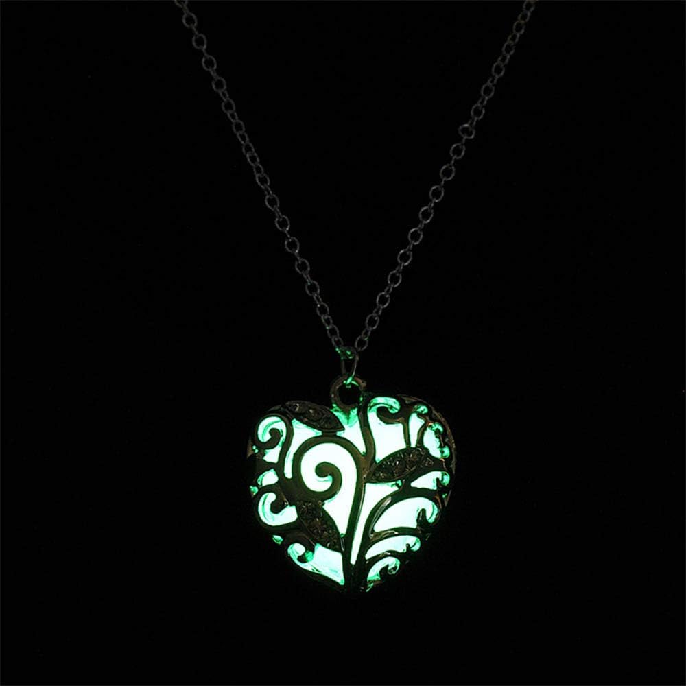 Glow in the Dark Heart Necklace - Luminous Halloween Jewelry with Fluorescent Stone