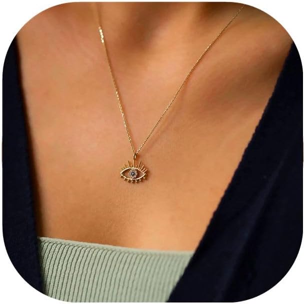 Evil Eye Necklace: 14K Gold Plated Blue CZ Diamond Boho Pendant for Women, Protection Gift