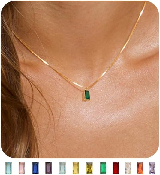 Emerald Birthstone Necklace, 14K Gold Plated Dainty Pendant for Women & Mothers, Green Cubic Zirconia Birthday Gift Jewelry